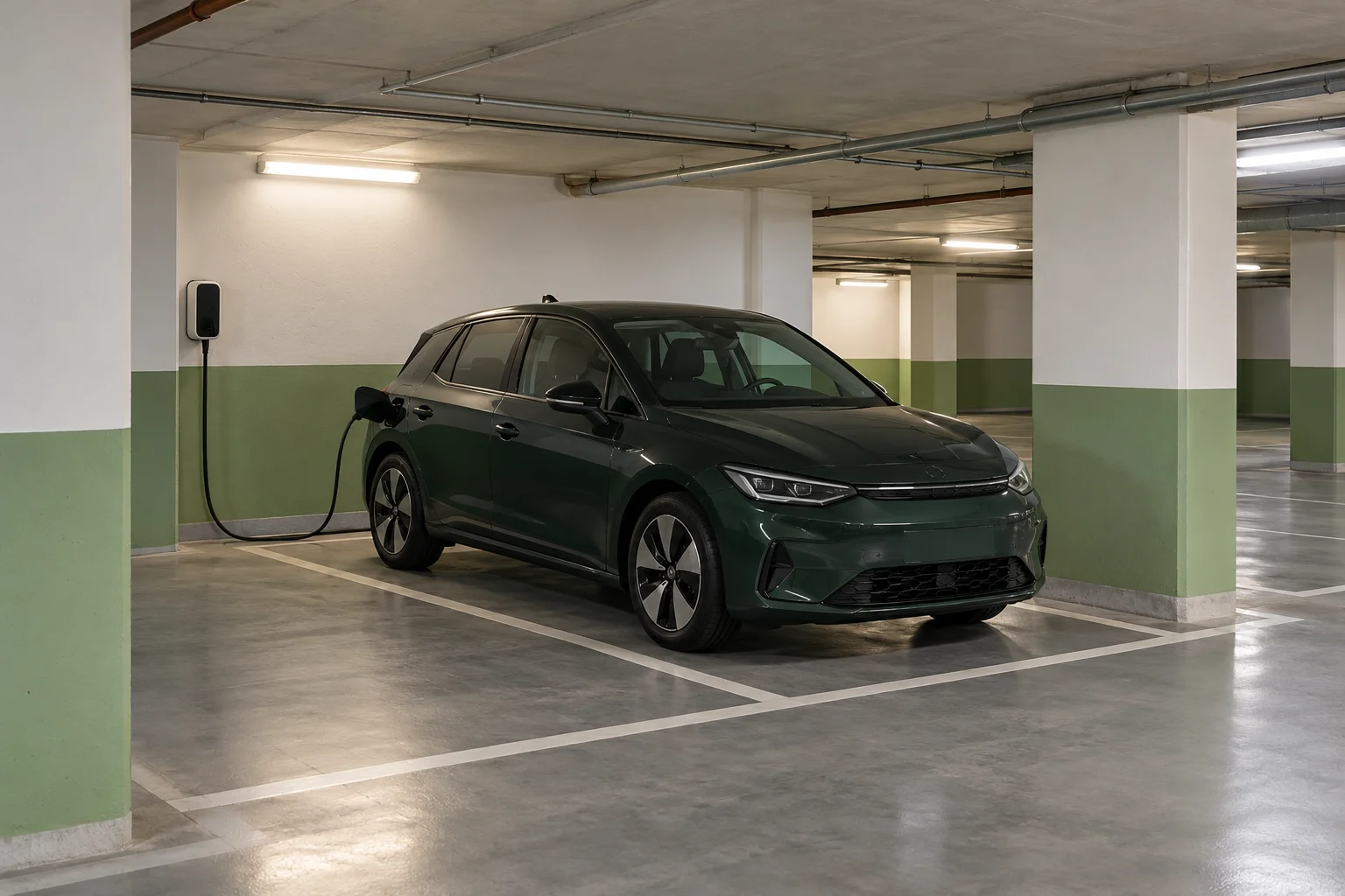Ilustración fotográfica de un coche eléctrico en una plaza individual de garaje comunitario